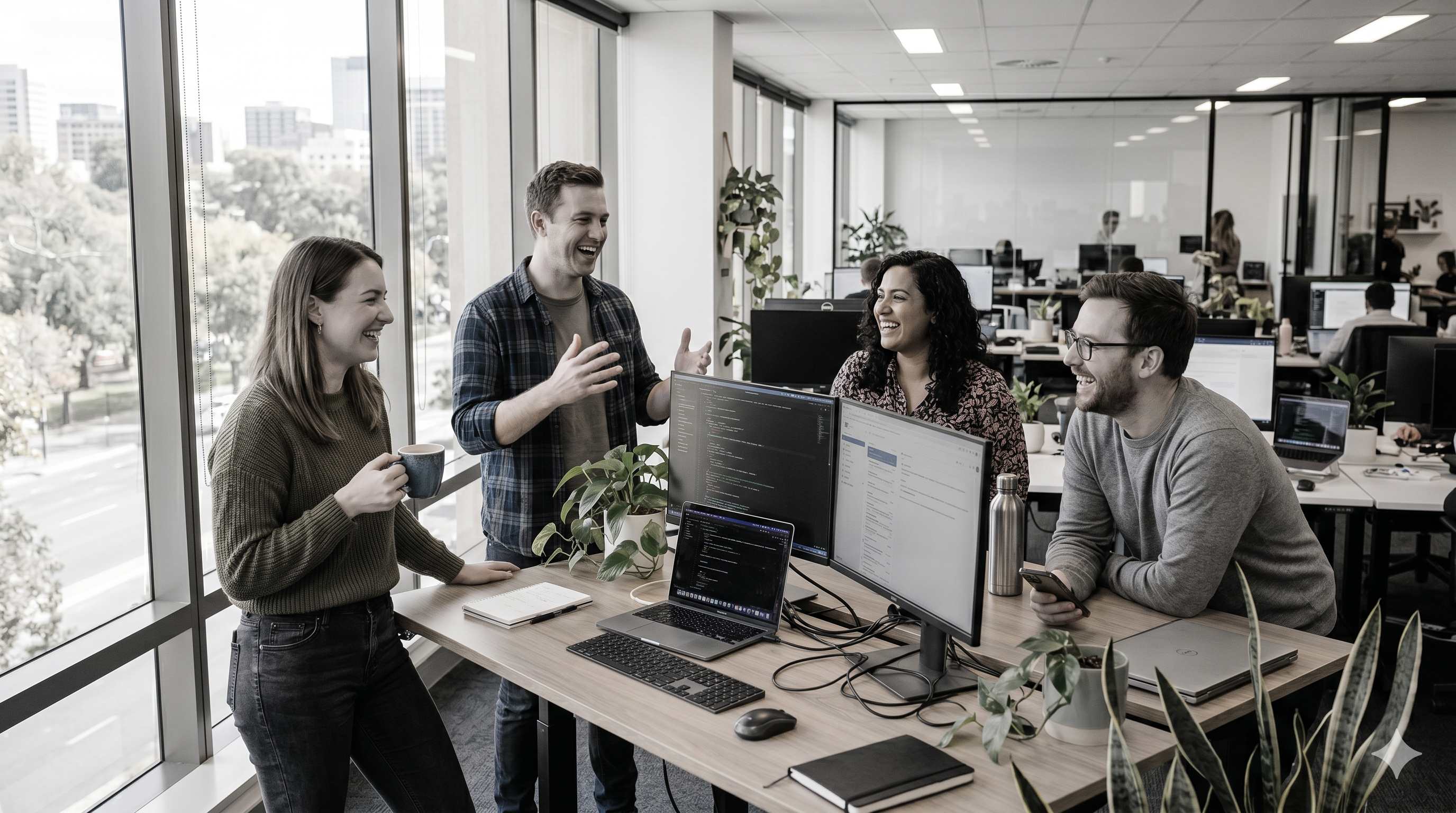 Otaris team collaborating around a workstation in their Adelaide office