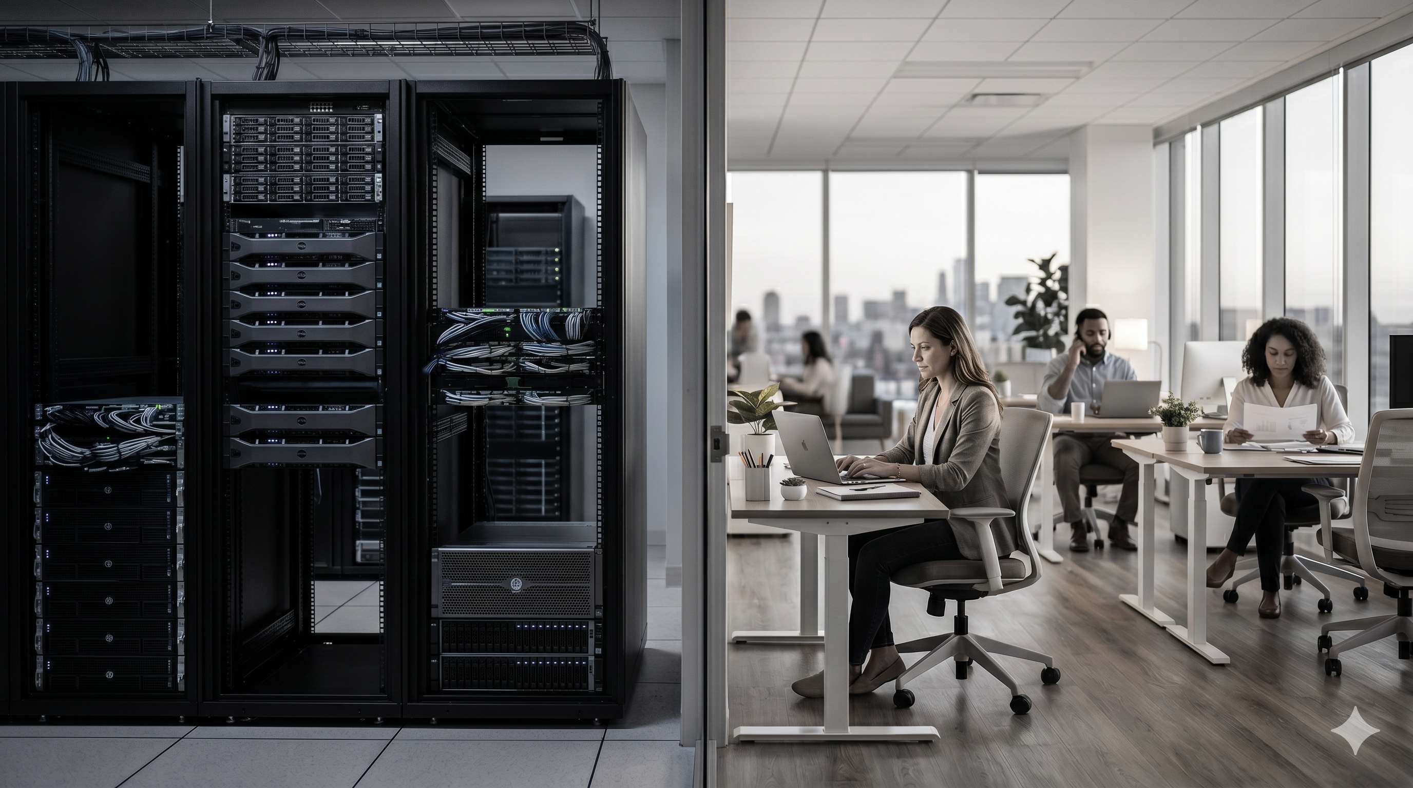 A split-scene composition with rack-mounted servers and dense cabling in a darkened server room on the left, flowing into a bright modern open-plan office where professionals work at desks overlooking a city skyline on the right