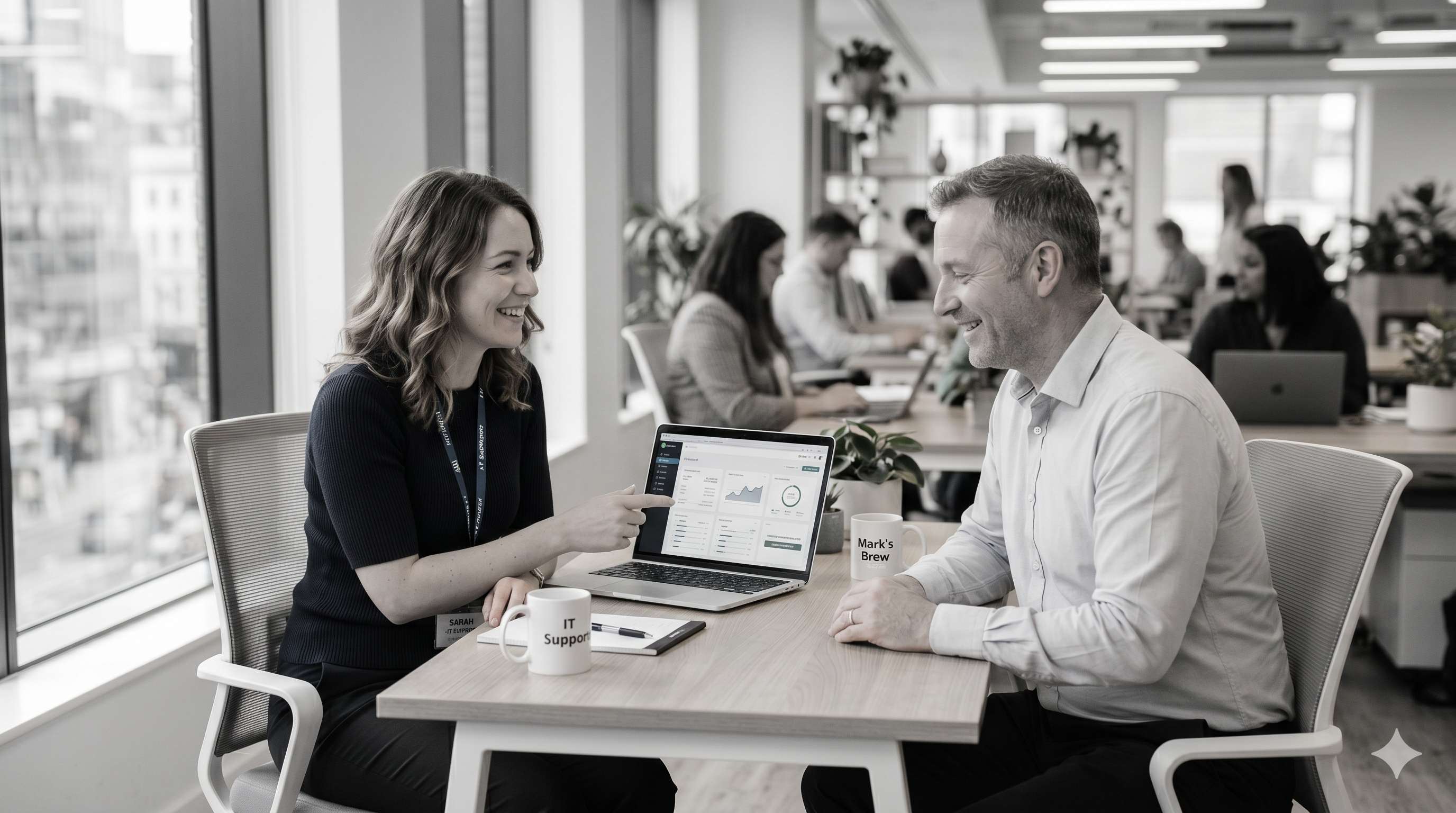 Adelaide-based IT support specialist working alongside a business owner — reviewing his technology environment together at a desk