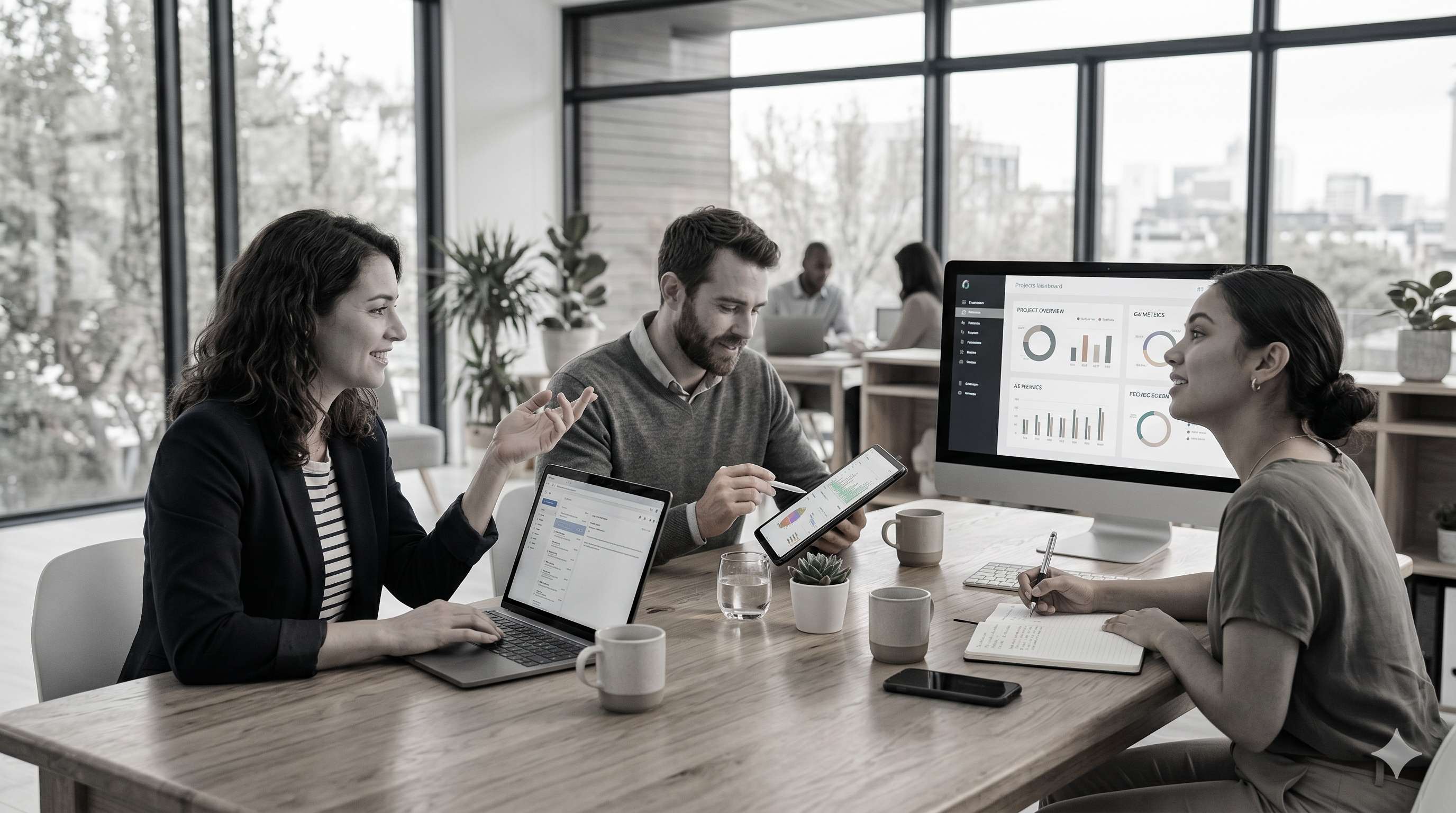Three professionals collaborating in a bright modern office around a wooden table with laptops, a tablet, and a monitor displaying a project dashboard