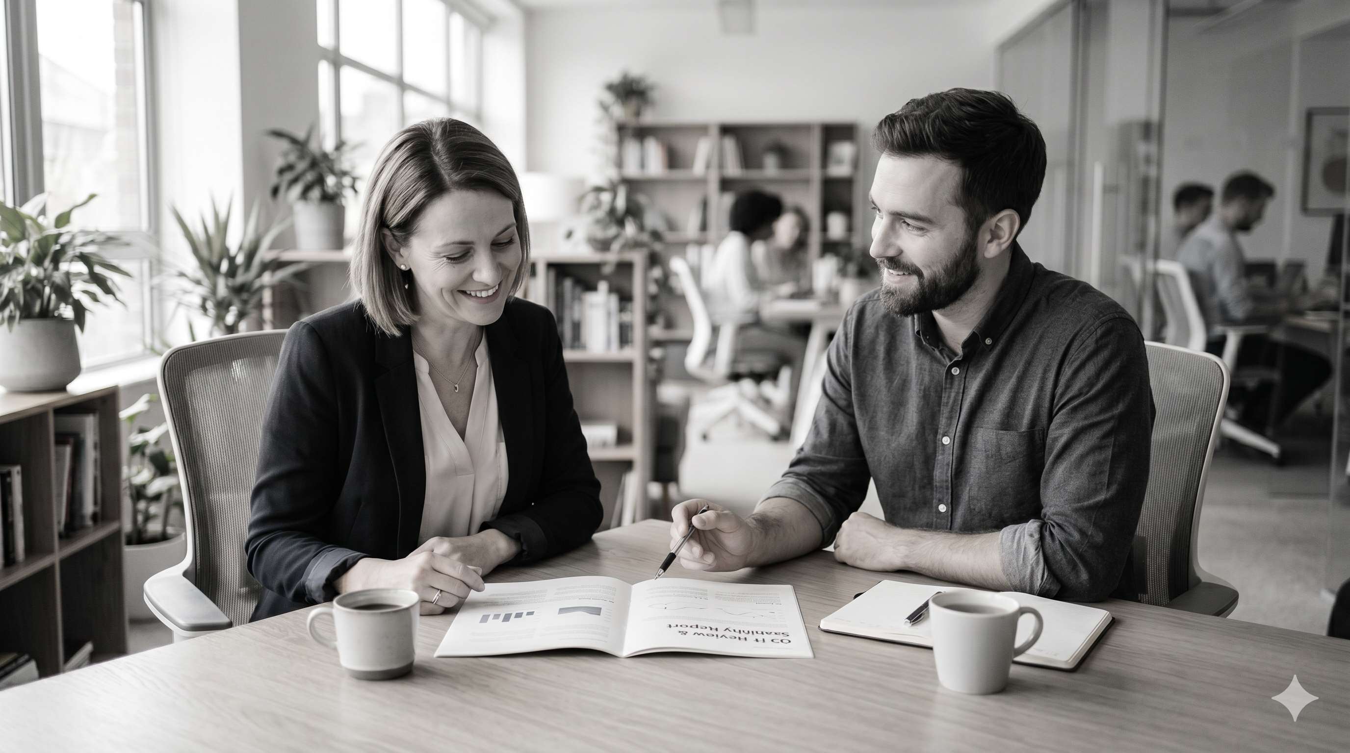 Otaris account manager walking a business owner through their IT review and security report at a desk in a bright office